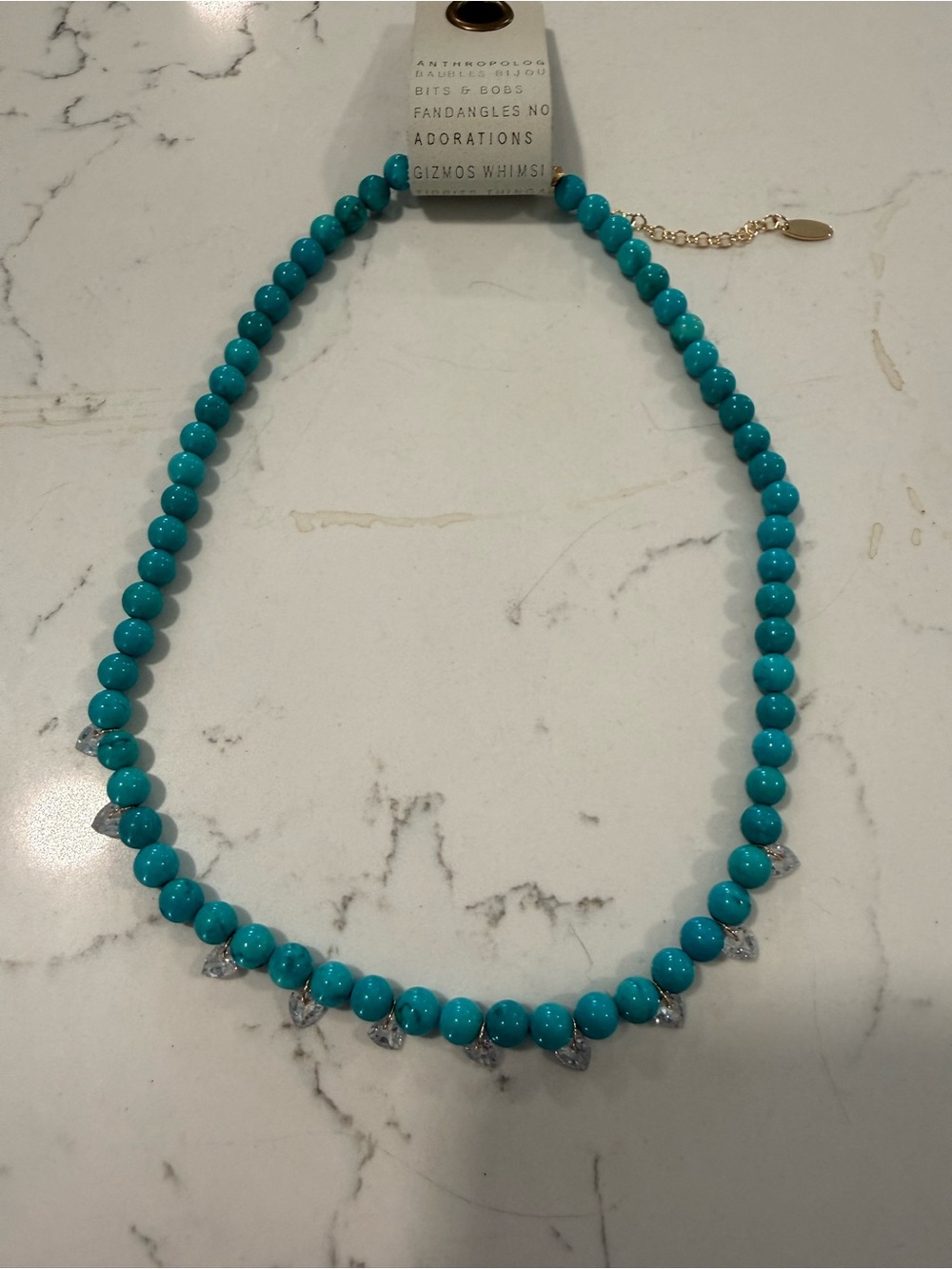 Anthropologie Turquoise Bead Necklace with Crystal Teardrops